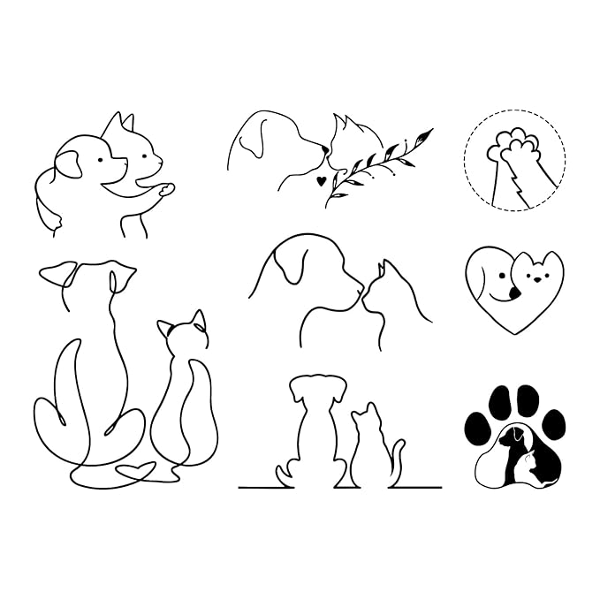 Cat & Dog Outline Temporary Tattoos – 8 Minimalist Cute Pet Designs, Long-Lasting Semi-Permanent, Waterproof for 2 Weeks