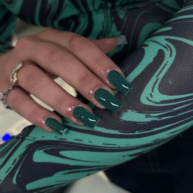 KXAMELIE Spring Nails Dark Green Press on Nails Medium Long Square, 24 PCS