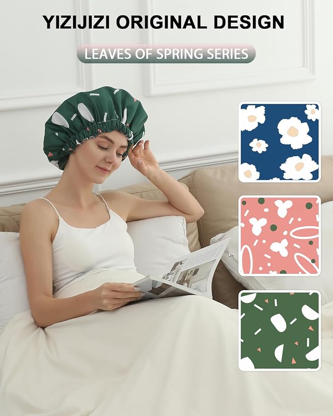 YIZIJIZI Shower Cap,Shower Caps for Women Reusable Waterproof,Two Layer Large Shower Caps Reusable Suitable for All Types of Straight Hair, Curly Hair, Long Hair,Braids (green)