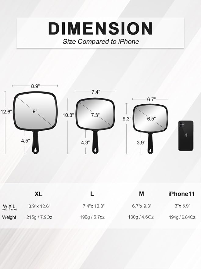 Hand Mirror, Barber Hairdressing Handheld Mirror with Handle for Salon, Square, Black, Medium,Pack of 3