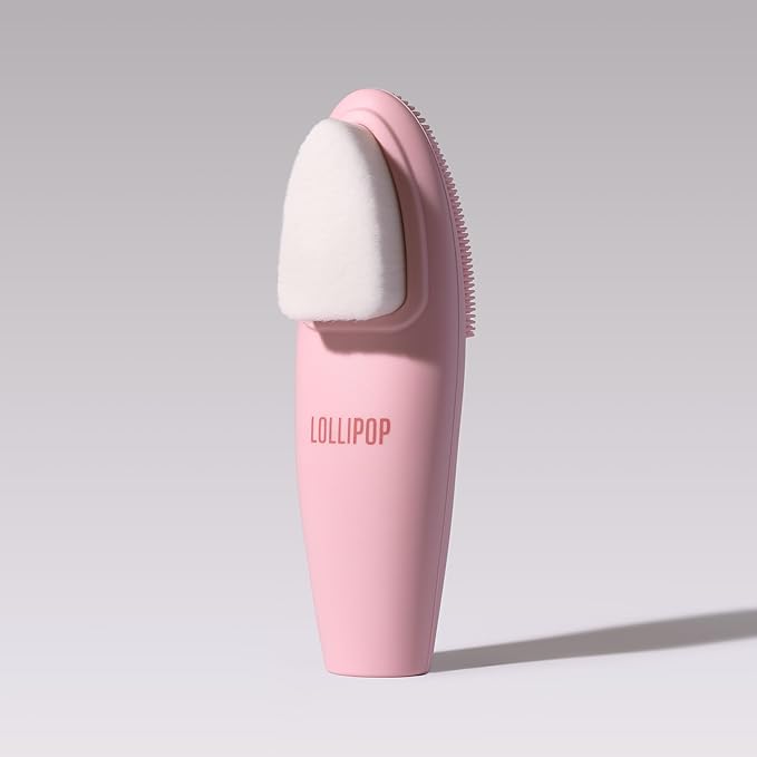 LOLLIPOP Dual-Sided Facial Cleansing Brush | Handle Size Silicone Face Exfoliator and Soft Fiber Cleanser | Manual Face Scrubber for Pores, Makeup Removal, Blackhead and Skincare Routine, Bubblegum