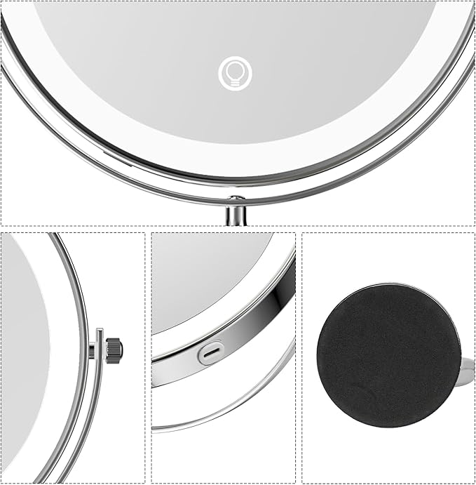 Nicesail Desk Mirror with Light 1X/10X Magnifying with 3 Color Dimmable Lights Desk Mirror, Cordless 360 Rotation 4000mAh Rechargeable, Double Sided Mirror for Desk, 8 Inch Standing Chrome Finish
