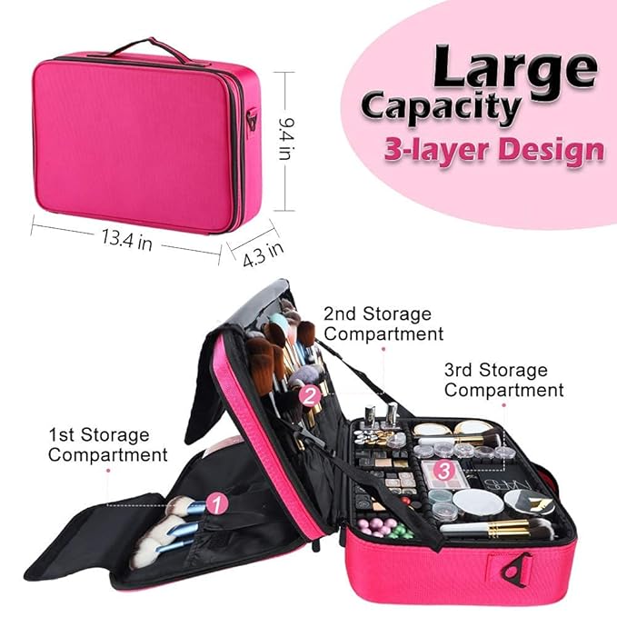 gzcz Professional Travel Makeup Case 13.5 Inches Makeup Bag Cosmetic Brush Organizer Portable Artist Storage Train Bag with Adjustable Dividers for Make Up Accessories（M-Rose Red）