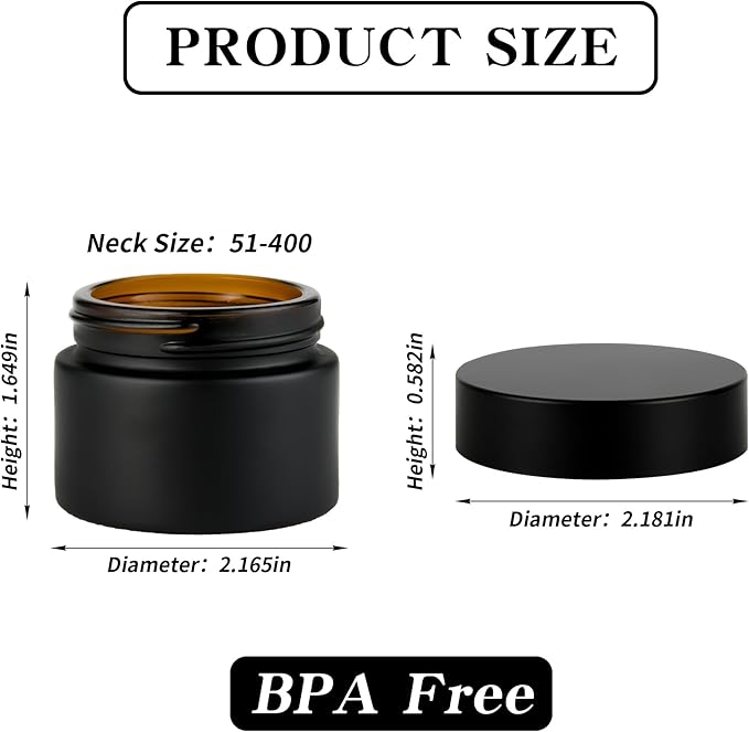 2 oz Reusable Black Glass Container Jars 24 Pack with Wide-mouth Leak Proof Cap and Inner Pull-On Lid for Travel Storage Makeup, Face Creams, Body Lotions, DIY Crafts or Others