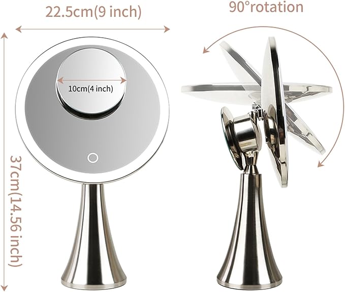 Surdy 9" Lighted Makeup Mirror, 5x/10x Dual Magnifying Mirror w/ 3 Color, Brightness Adjustable,360° Rotation, 4000 mAh Rechargeable, Women Gift, Vanity Mirror