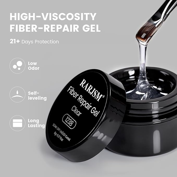 RARJSM Clear Glass Fiber Nail Repair Gel Polish for Broken Damaged Nails Strengthener Gel Base Coat Transparent Building Glass Extension Gelpolish Soak Off UV LED Curing Requires Salon Home 8ml