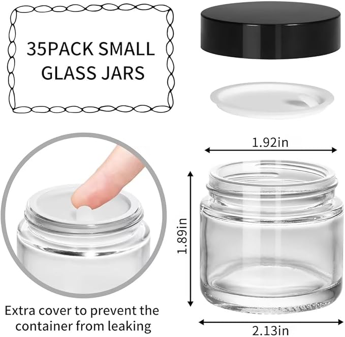KEYWING 2oz Small Glass Jars with Black Lids, 35 Pack Clear Round Glass Cosmetic Jars with Inner Liners for Lotions, Powders and Ointments