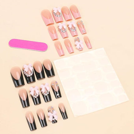 RUOKEXIN Long Square Press-on Nails: French Tip False Nails with Bow Rhinestones Designs - Pink, Black, Sparkly, Artificial 24Pcs