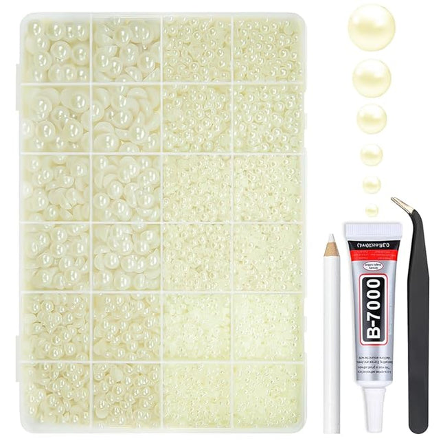 qiipii Beige White Flatback Pearls w B7000 Glue for Bedazzling Crafting 3/4/5/6/8/10mm Ivory Half Round Pearl Bedazzling Beads Gems Bedazzler Kit for Nails Face Eyes Makeup Tumblers Bottles DIY Crafts