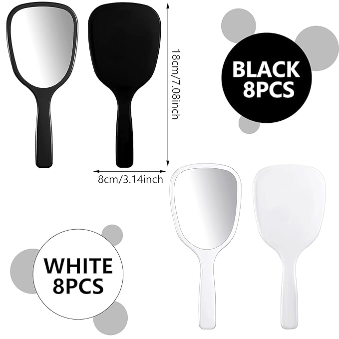 Hicarer 16 Pcs Hand Handheld Mirror with Handle Plastic Travel Makeup Handheld Cosmetic Mirror for Travel, 3.15 Inch Wide, 7.09 Inch Long (Black,White)