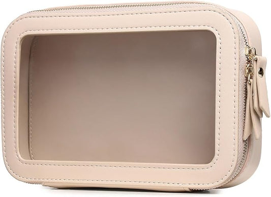 Pinkmik Clear Makeup Bag Transparent Travel Case for Cosmetics and Toiletries Women's Clear Car Bag with Zipper (Beige, Small)