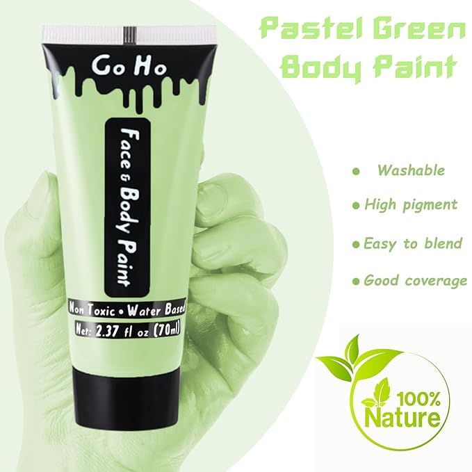 Go Ho Pastel Green Body Paint Washable(2.37oz/pc),Water Based Cream Pastel Green Face Body Paint for SFX Cosplay Costumes Festivals Halloween Makeup