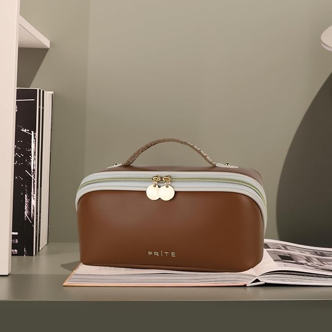 Prite Travel Cosmetic Bag Makeup Organizer Bag For Women Large Capacity Waterproof PU Leather Toiletry Bag with Handle and Clear Divider(Dark Brown)