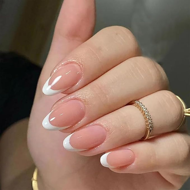Press on Nails Short Almond Fake Nails White French Tip Glue on Nails Glossy Acrylic Nails Press ons Pink Full Cover Artificial Stick on Nails for Women 24 Pcs