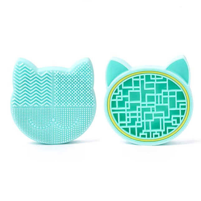 Silicon Makeup Brush Cleaner Mat with Portable Cat Shaped Cosmetic Brush Cleaning Pad Holder - Light Green