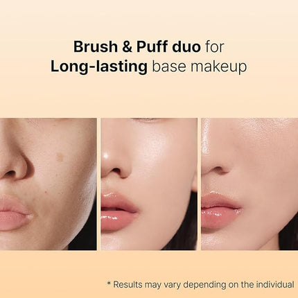 THE TOOL LAB All Day Fitting Duo (Glow type) - Premium Base Makeup Set for Liquid Cream Powder Foundation, Buffing Blending Face Brush, Sponge, Portable Case - 1.1" Flat Top Brush