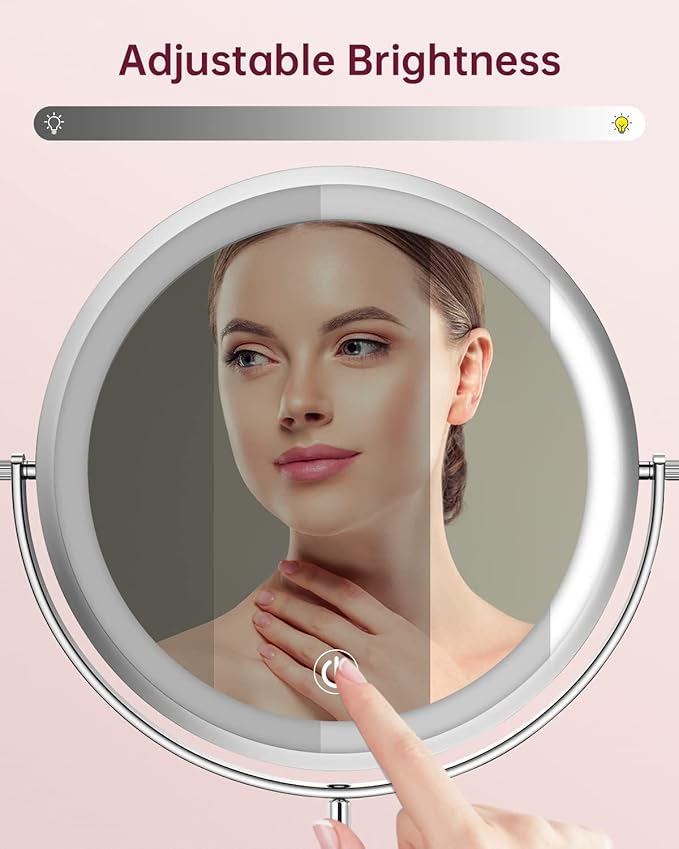 Gospire 8" Lighted Makeup Mirror with Magnification 10X/1X, 3 Color Lights & Dimmable Lighting, 360° Rotation Double Sided Rechargeable Cordless Vanity Cosmetic Standing LED Mirror for Makeup