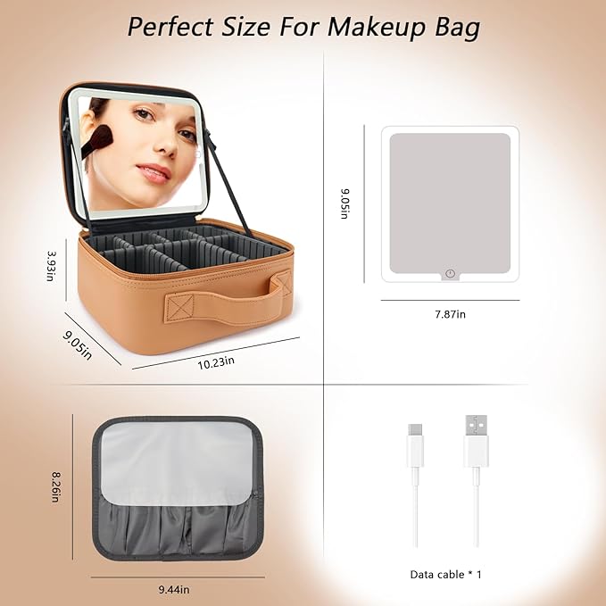 Travel Makeup Bag with LED Mirror Travel Makeup Organizer with 3 Lighted Settings, Adjustable Dividers and Makeup Brush Storage Bag Orange-Brown