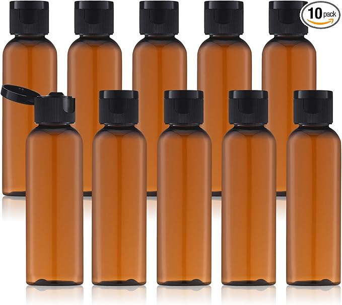 Tekson Travel Bottles Empty 2oz (10 PCS), Plastic Travel Size Cosmetic Container, TSA Amber Squeeze Bottle for Shampoo, Conditioner (Flip Cap)
