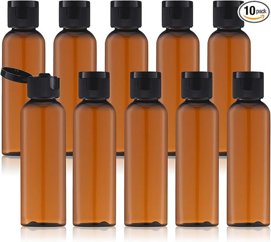 Tekson Travel Bottles Empty 2oz (10 PCS), Plastic Travel Size Cosmetic Container, TSA Amber Squeeze Bottle for Shampoo, Conditioner (Flip Cap)