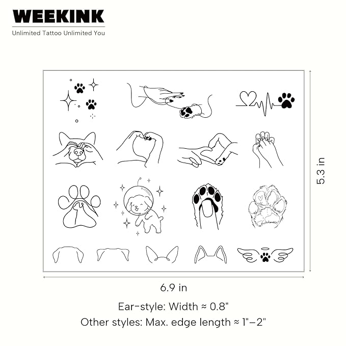 Dog Paw Temporary Tattoos – 16 Small Pet-Inspired Outline Tattoos for Dog Lovers, Cute & Minimalist, Realistic & Long-Lasting for 2 Weeks