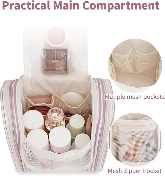Narwey Small Striped Hanging Travel Toiletry Bag for Women, Travel Bag for Toiletries, Makeup Bag Organizer Cosmetic Bags Make Up Bags for Women (Dusty Rose Stripe)