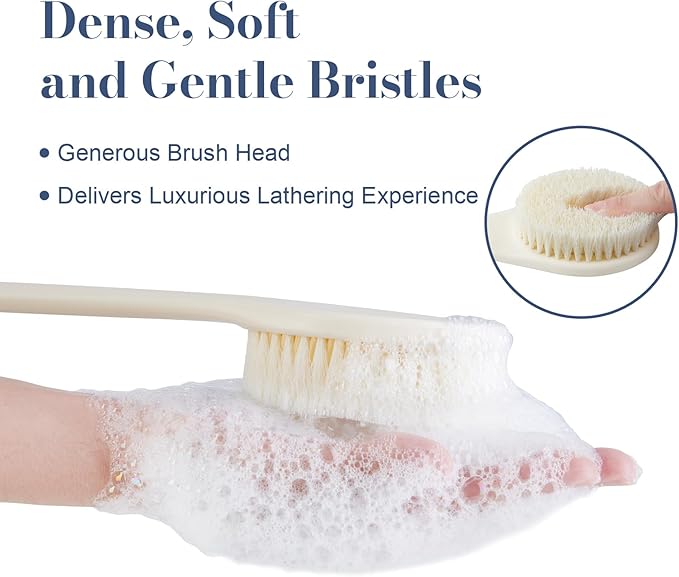 Back Scrubber for Shower, Shower Body Brush for Cleaning with Long Handle for Showering, 17 Inch Back Washer Exfoliator for Shower Men Women with Non-Slip Handle, Adhesive Hook (Cream White)