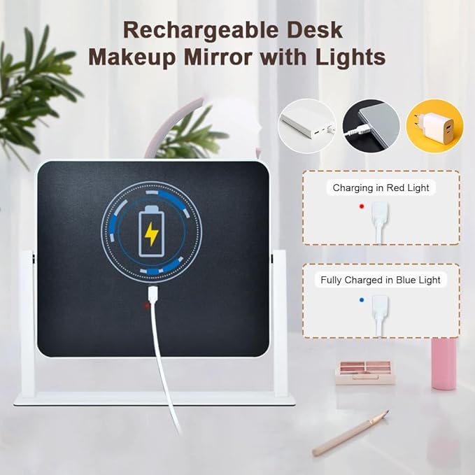 Rechargeable Vanity Mirror with Lights, 14"×12" LED Makeup Mirror, Smart Touch Control, 3 Color Lighting with Adjustable Brightness,Cosmetic Mirror for Bedroom, Vanity Desk, Beauty Routine