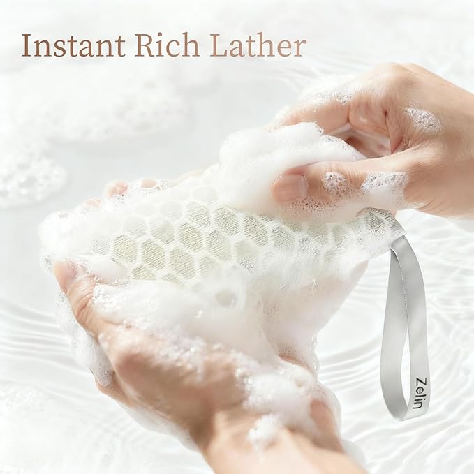 zelin Soap Saver Bag, 2 Pack Exfoliating Bath Sponge With Dual-Layer Honeycomb Mesh, Bar Soap Pouch for Frothing And Skin Cleansing (Pearl White And Ink Black)