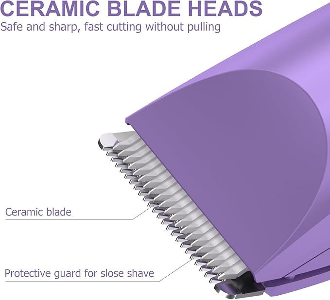 OLOV Electric Body Hair Trimmer - Groin Trimmer for Men - Bikini Trimmer Women - Wet/Dry Shaver Groomer, Replaceable Ceramic Blade Heads, USB Recharge Dock, Waterproof Hygiene Razor, Bright Purple