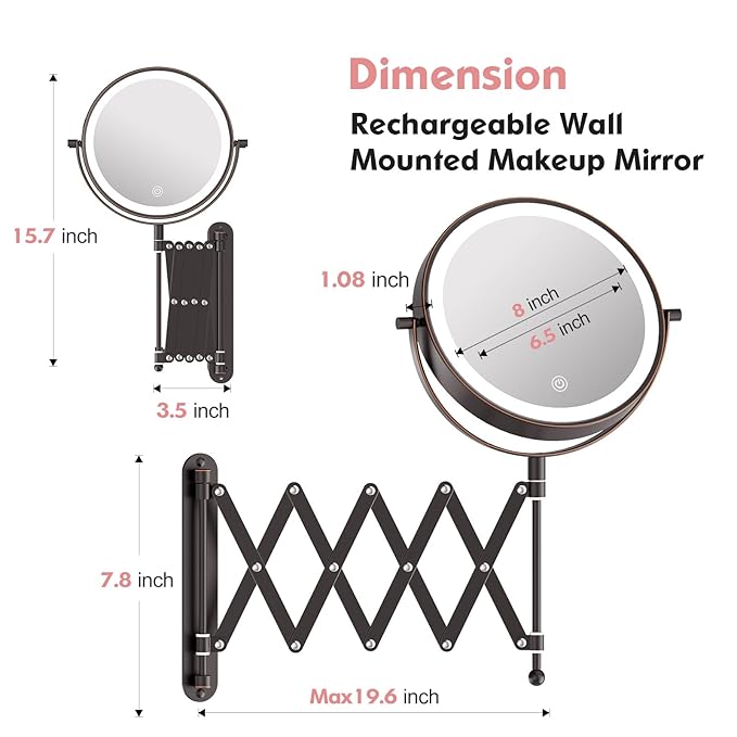 Rechargeable Wall Mounted Makeup Mirror - 8 Inch Double Sided 1X/10X Magnifying Mirror with 3 Color Lights Dimmable Touch Screen, 360°Swivel 19.6 Inch Extendable Accordion Bathroom Mirror