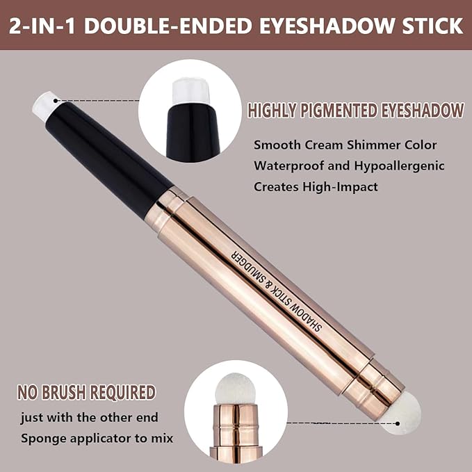 2 in 1 eyeshadow stick and Sponge Makeup Brush, Smooth Cream Shimmer Shadow Pencil Long Lasting Waterproof Eye Shadow Highlighter Stick Makeup, Hypoallergenic Multi-Dimensional eyes Look
