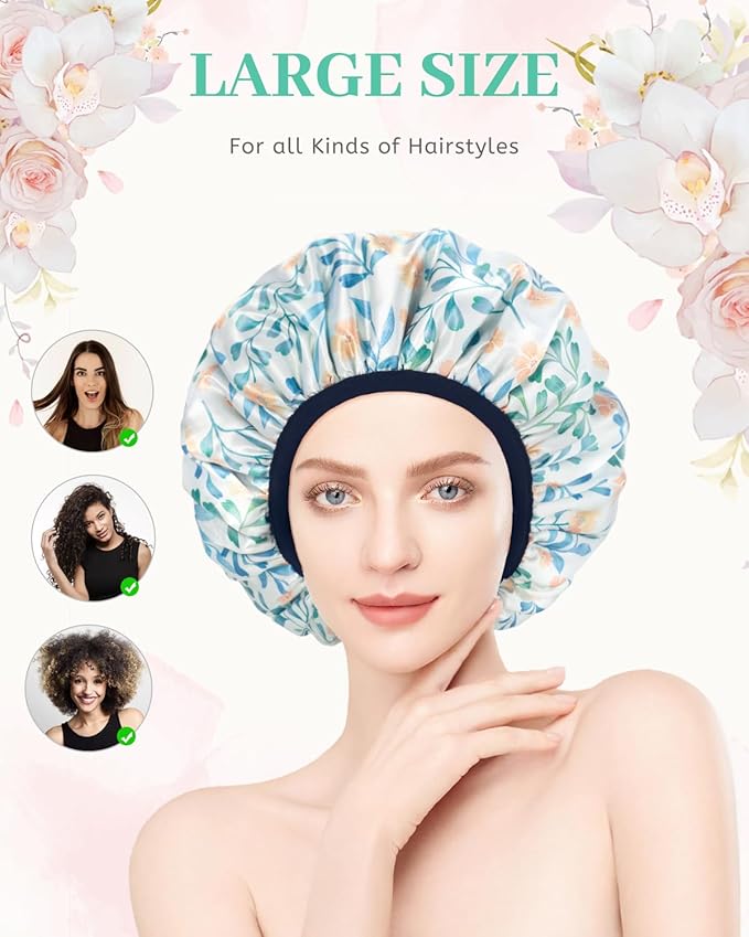 Shower Caps, Terry lined Reusable shower cap Waterproof Large Shower Cap for Women, Triple Layer Shower Caps for Long Thick Hair