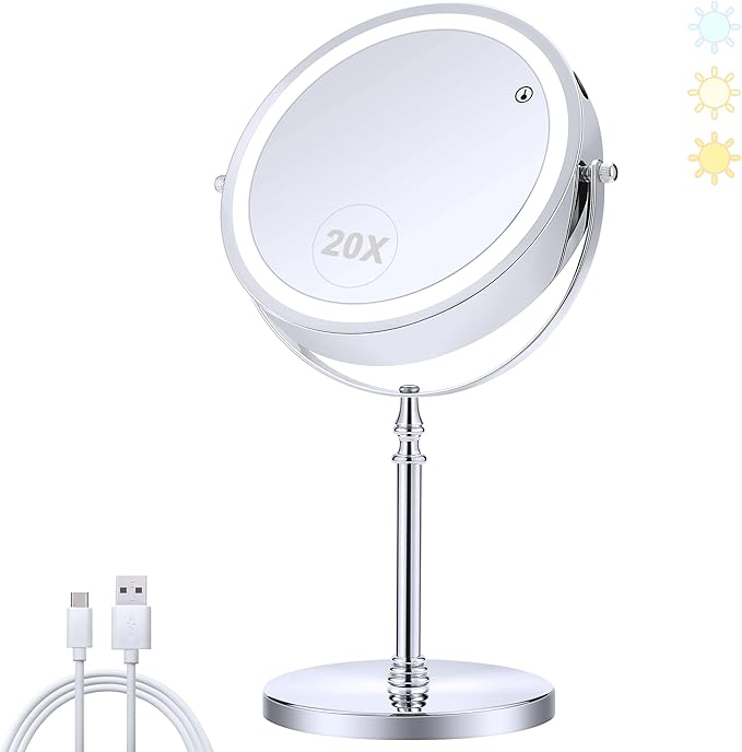 MIYADIVA Lighted Makeup Mirror, 20X Magnifying Mirror with Light, Double Sided Makeup Mirror with 20X/1X Magnification, 360°Rotation, 3 Colors Brightness Adjustable Vanity Mirror with 42 LEDs, 2000mAh