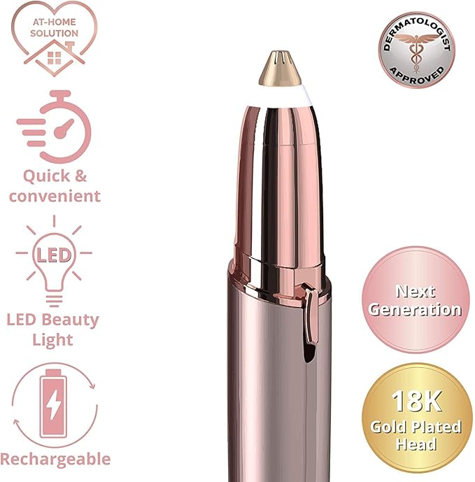 Eyebrow Trimmer for Women, Rechargeable Eyebrow Hair Remover, Painless Electric Razor with 2 x Replacement Heads, Eye Brow and Face Epilator Hair Removal (Rose Gold)