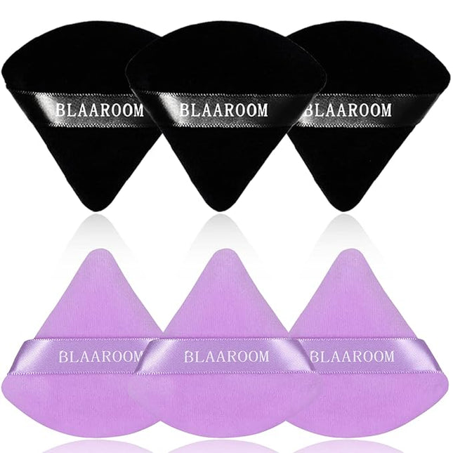 BLAAROOM 6 Pieces Powder Puff Face Makeup Velour Soft Triangle Powder Puffs - for Loose Powder Mineral Powder Body Powder Wet Dry Cosmetic Foundation Sponge Makeup Tool - Black & Purple