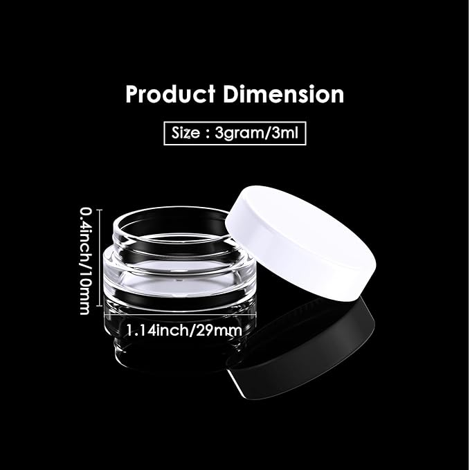 50 Pack 3 Gram Sample Containers with White Lids, Small Plastic Cosmetic Jars, Makeup Travel Container Jar for Cream, Bead, Eye Shadow, Lotions, Powders, Glitters Lip Gloss with Labels,Spatulas