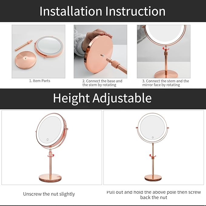 Nicesail LED Makeup Mirror 10X Magnification, 8 Inch Light Magnifying Mirror with 3 Color Light, Height Adjustable Brightness Vanity Mirror with Stand, 360 Rotation Double Sided for Make up, Rose Gold