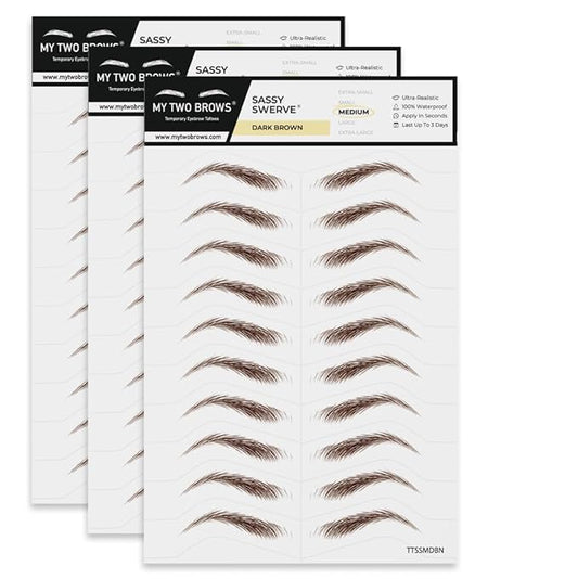 30 Pairs Dark Brown Temporary Eyebrow Tattoos, Waterproof and Smudge-Proof Medium Sassy Swerve Style Realistic Eyebrow Stickers for Women, Easy to Apply, Won't Work on Existing Brows