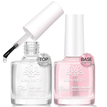 Born Pretty Clear Nail Polish Base and Top Coat Set 2 PCS High Shine Glossy Finish Quick-Dry No U V Needed Low Odor Natural Compatible with Nail Lacquer DIY Salon 0.34 fl oz Each