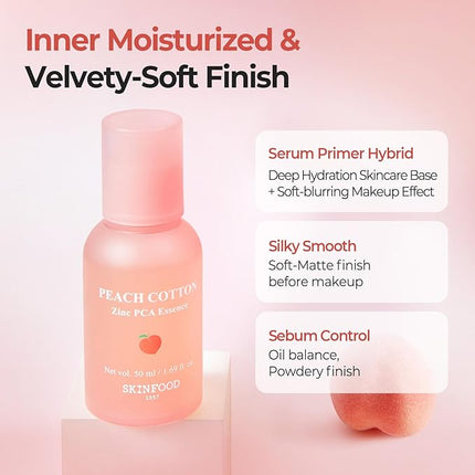SKINFOOD Peach Cotton Zinc PCA Essence Serum Primer, Korean Skin Care Makeup Prep Hybrid Face Serum, Blurring Matte, Stocking Stuffers, Sebum Oil Control, Hydrating Primer for Sensitive (1.69 fl. oz.)