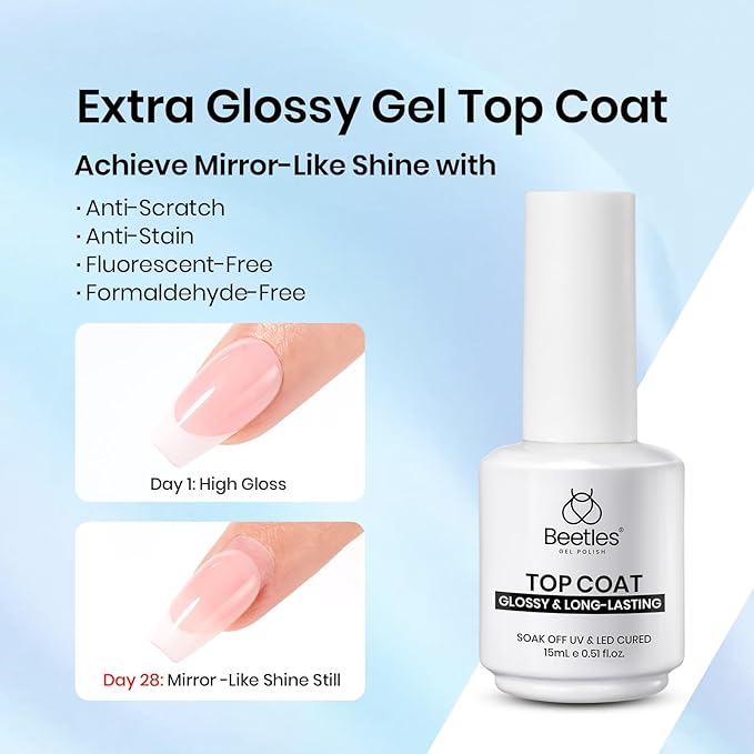 Beetles Builder Gel and Extra Glossy Top Coat No Wipe for Fall Nails with Nail Brush, 15ml Low Heat Hypoallergenic Clear 7 in 1 Builder High Shine Long Lasting Top Coat Gel Nail Polish
