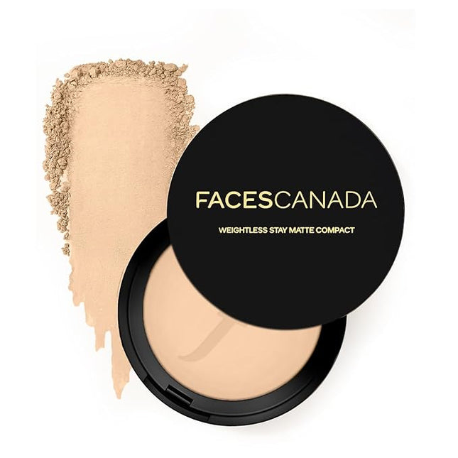 FACESCANADA Weightless Matte Finish Compact Powder - Natural | Non Oily Pressed Powder | Easy Blendable & Lightweight | Sun Protection with Vitamin E | 0.32 Oz/9g