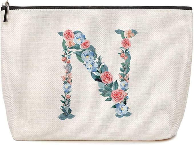 Initial Makeup Bag Monogrammed Travel Toiletry Bag Monogram Cosmetic Bag Birthday Christmas Bridal Shower Bridesmaid Gifts Personalized Gifts for Women Bride Teacher Sister Niece, Floral Letter N