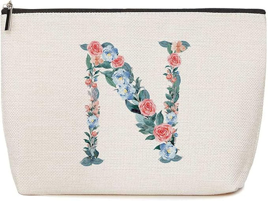 Initial Makeup Bag Monogrammed Travel Toiletry Bag Monogram Cosmetic Bag Birthday Christmas Bridal Shower Bridesmaid Gifts Personalized Gifts for Women Bride Teacher Sister Niece, Floral Letter N