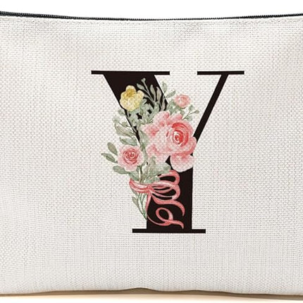 Personalized Makeup Bag, Initial Letter Y Makeup Bag for Women Rose Monogram Cosmetic Bags Toiletry Pouch, Monogrammed Gifts for Women Mom Grandma Sister Friends Thanksgiving Christmas Birthday Gift