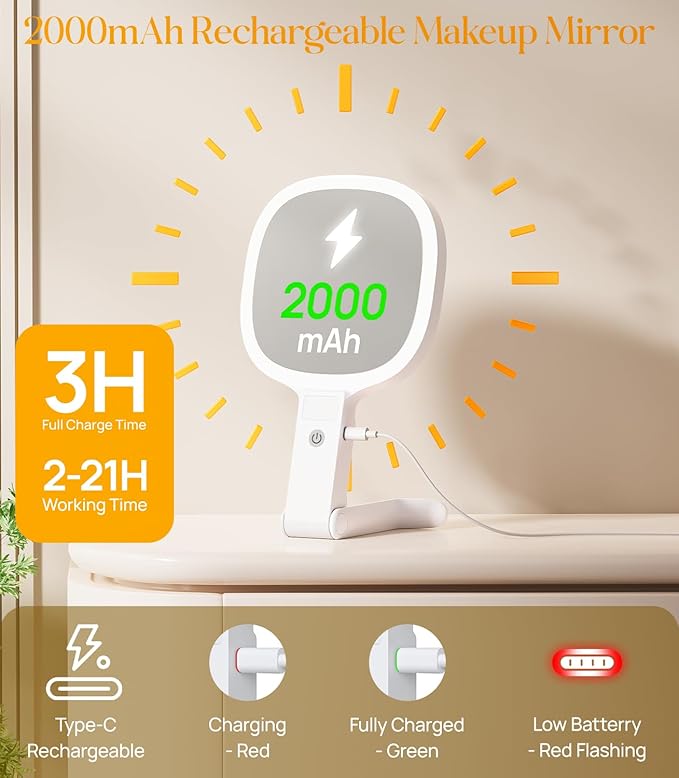 Gospire 6.8" Travel Vanity Mirror, 3-in-1 Hanging/Handheld/Desktop Use with Dual-Side Buttons, 1X/10X Magnification, 3-Color Dimmable LED, Auto Memory + Velvet Pouch (White)