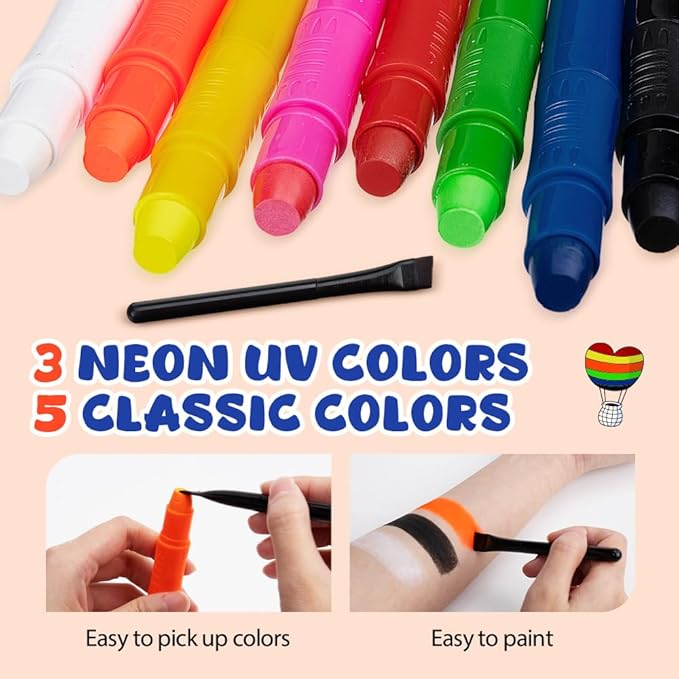 8 Color Face Painting Kits for Kids, Beesjuy Water Based Face Paint Kit, Makeup Kit Plant Ingredients Face Crayons, Painting Party for Adults&Kids (3 Neon)