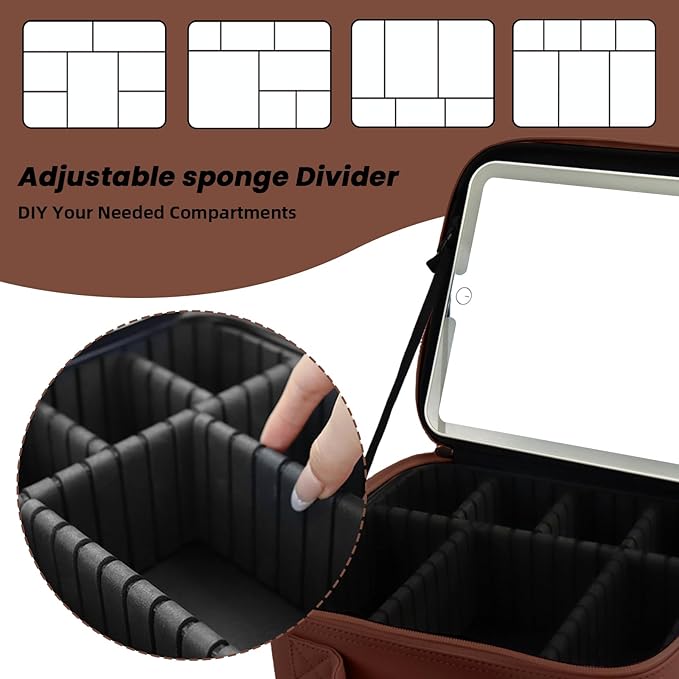 Travel Makeup Bag with LED Mirror and Light Travel Makeup Case Cosmetic Organizer Portable Cosmetic Brush Organizer Bag with Adjustable Dividers for Cosmetics Makeup Brushes Toiletry(Dark Brown)