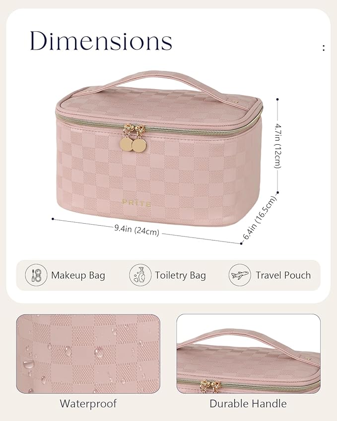 Prite Makeup Bag Portable Cosmetic Organizer with Brush Holder Waterproof Travel Toiletry Bag for Women with Handle and Divider (Checkered Pink)